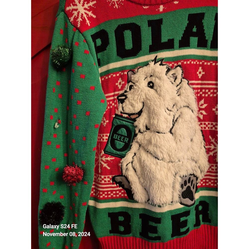 Spencer's Workshop Adult Medium Polar Beer Ugly Christmas Sweater Fuzzy Bear FUN